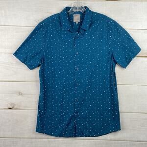 A Frame Shirt Mens M Teal Blue Stars Print Short Sleeve Button Up Cotton Artsy
